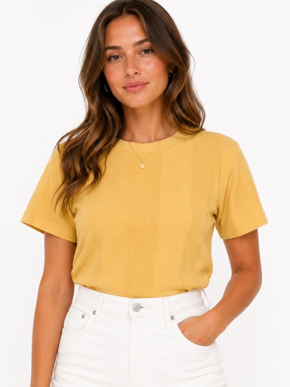 Vintage 90s Ribbed Crewneck Tee - Mustard